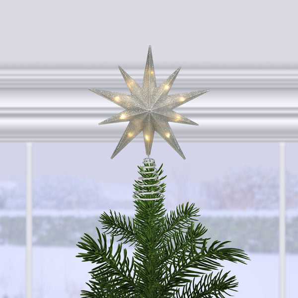 Ornativity Silver Star Tree Topper - 10" X 12" Christmas Swirl Design, Glittered Metal