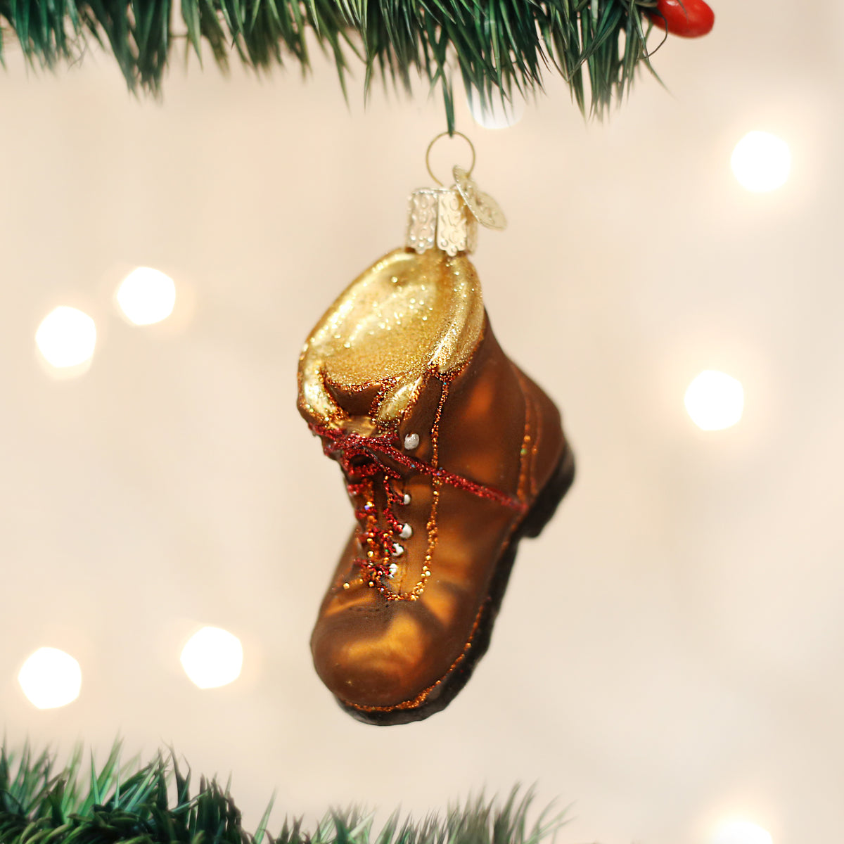Old Hiking Boots Filled With Sweets Gifts And Christmas Decoration
