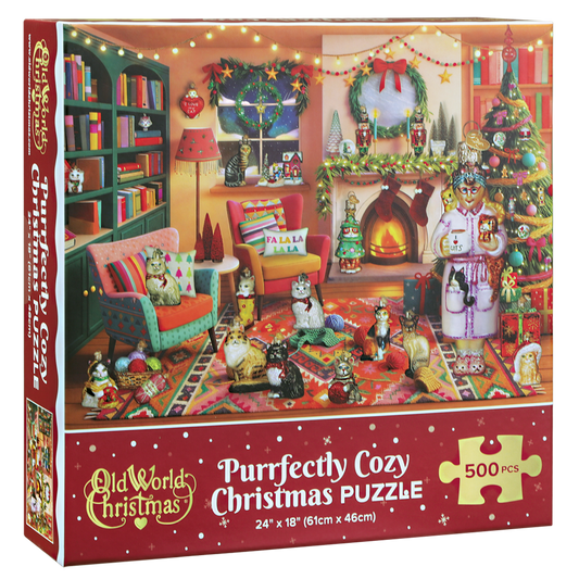 Purrfectly Cozy Christmas jigsaw puzzle box with cats in a living room