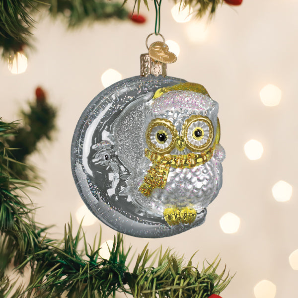 Sterling Snow Owl On Moon Ornament