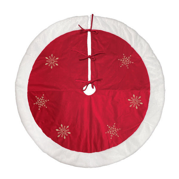 48" Red Snowflake Embroidered Tree Skirt With Faux Fur Trim