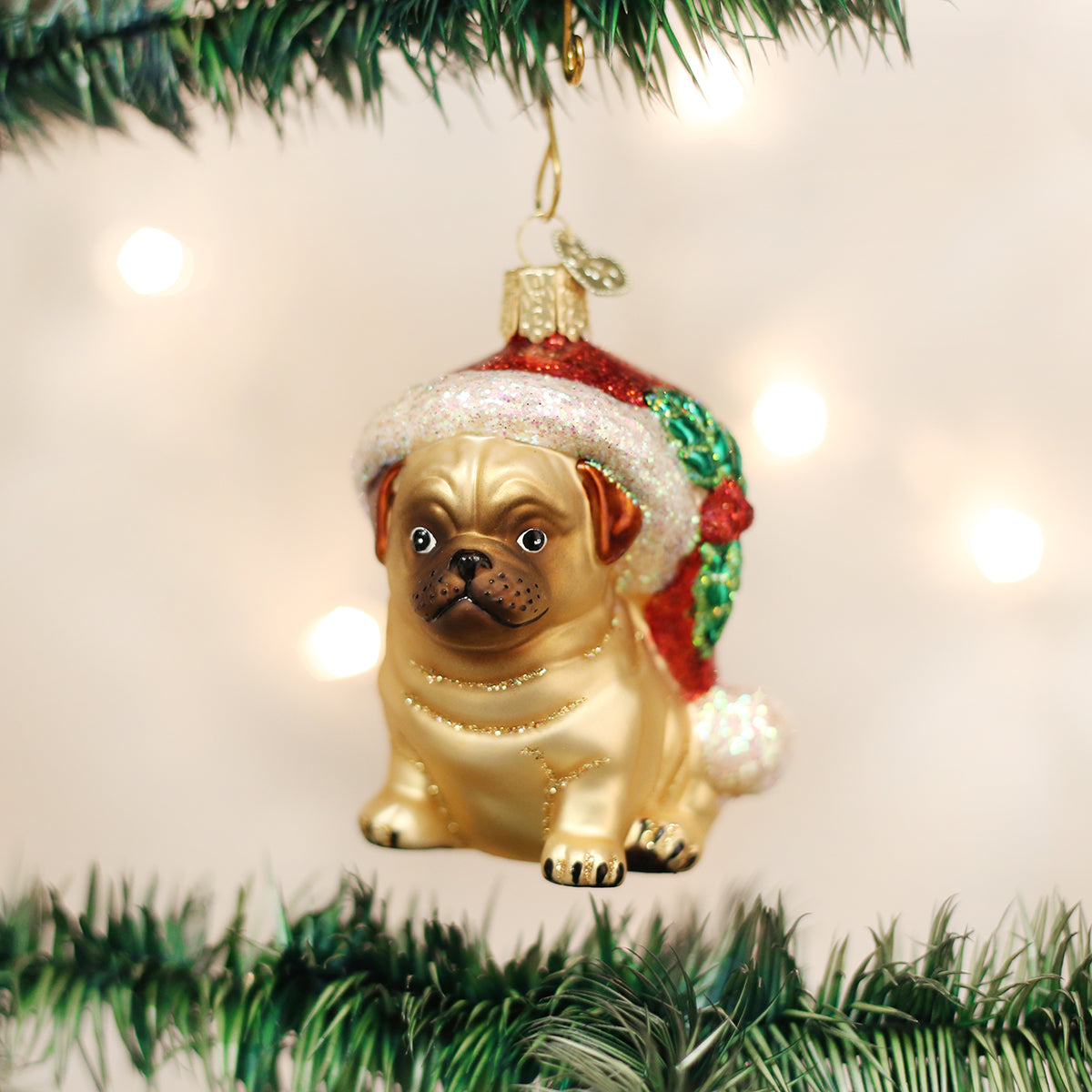 Holly Hat Pug Ornament Old World
