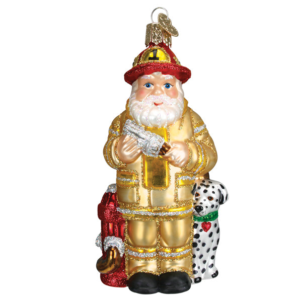 Yellow Coat Fireman Santa Ornament